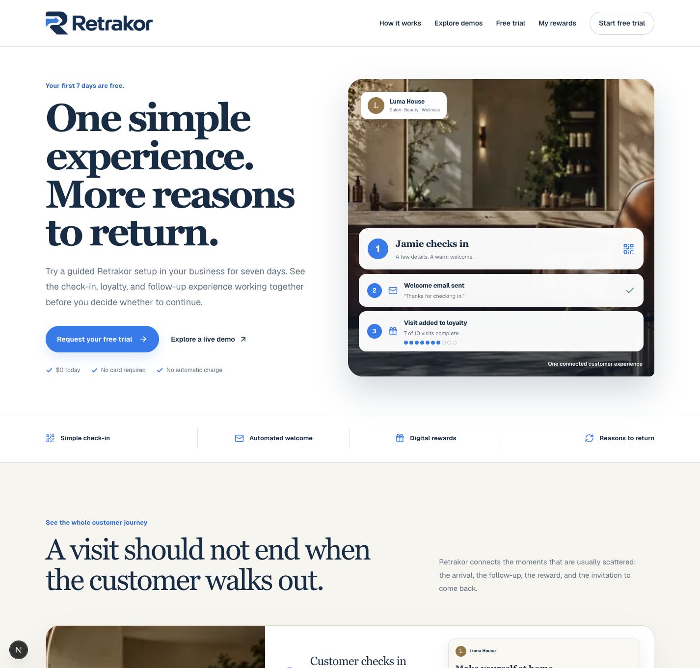 Retrakor public site showing its customer check-in and loyalty journey
