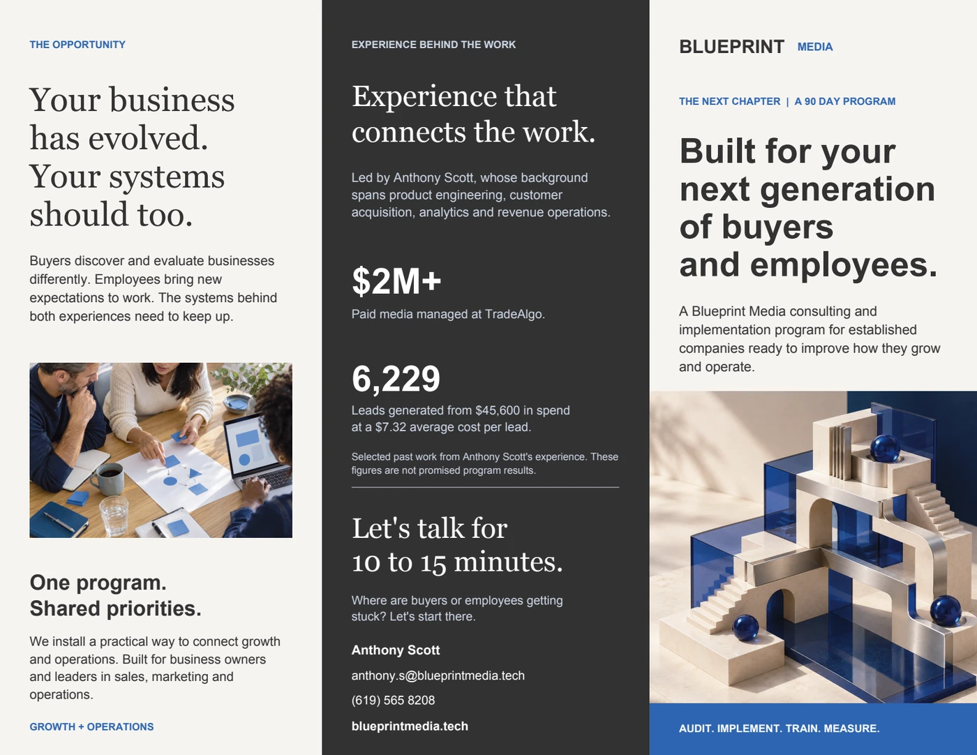 Blueprint Media Next Chapter brochure outside spread with a blue architectural illustration, a dark credentials panel, and a cream introductory panel.