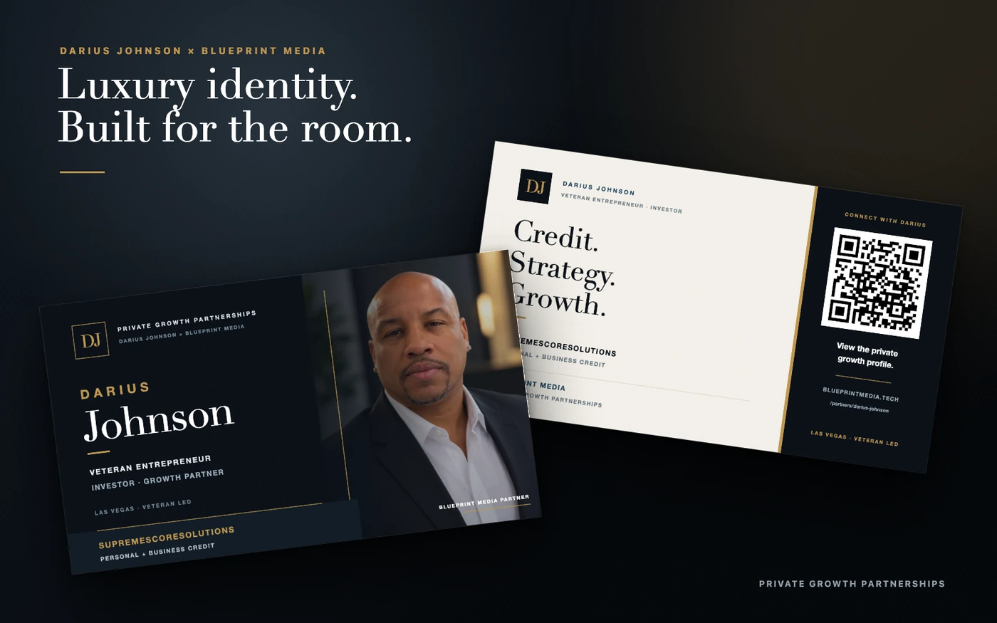 Darius Johnson and Blueprint Media partner business-card mockup using navy, cream, gold, serif typography, a portrait, and a QR code.