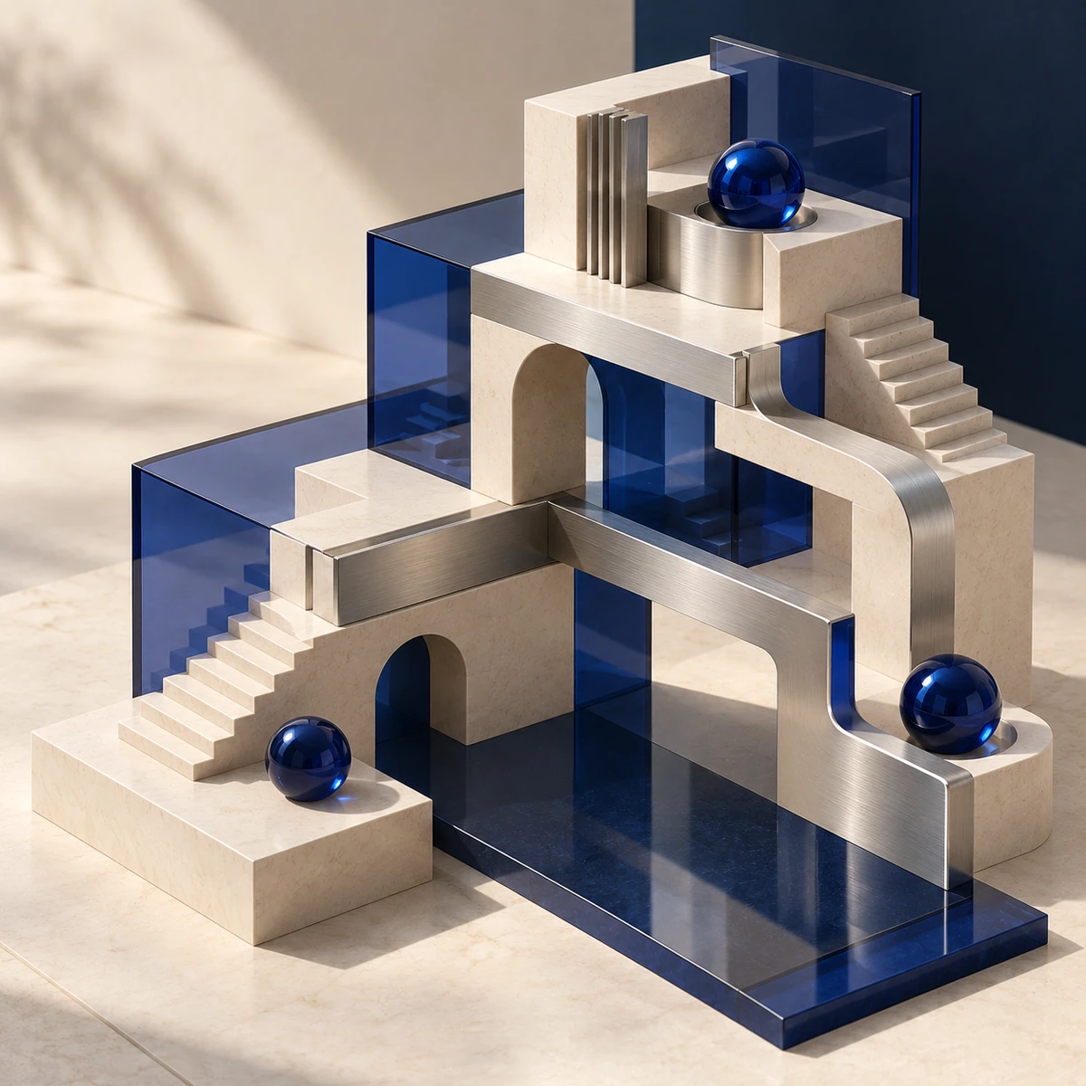 AI-generated architectural illustration of connected cream stone and blue glass forms, stairs, arches, and blue spheres.