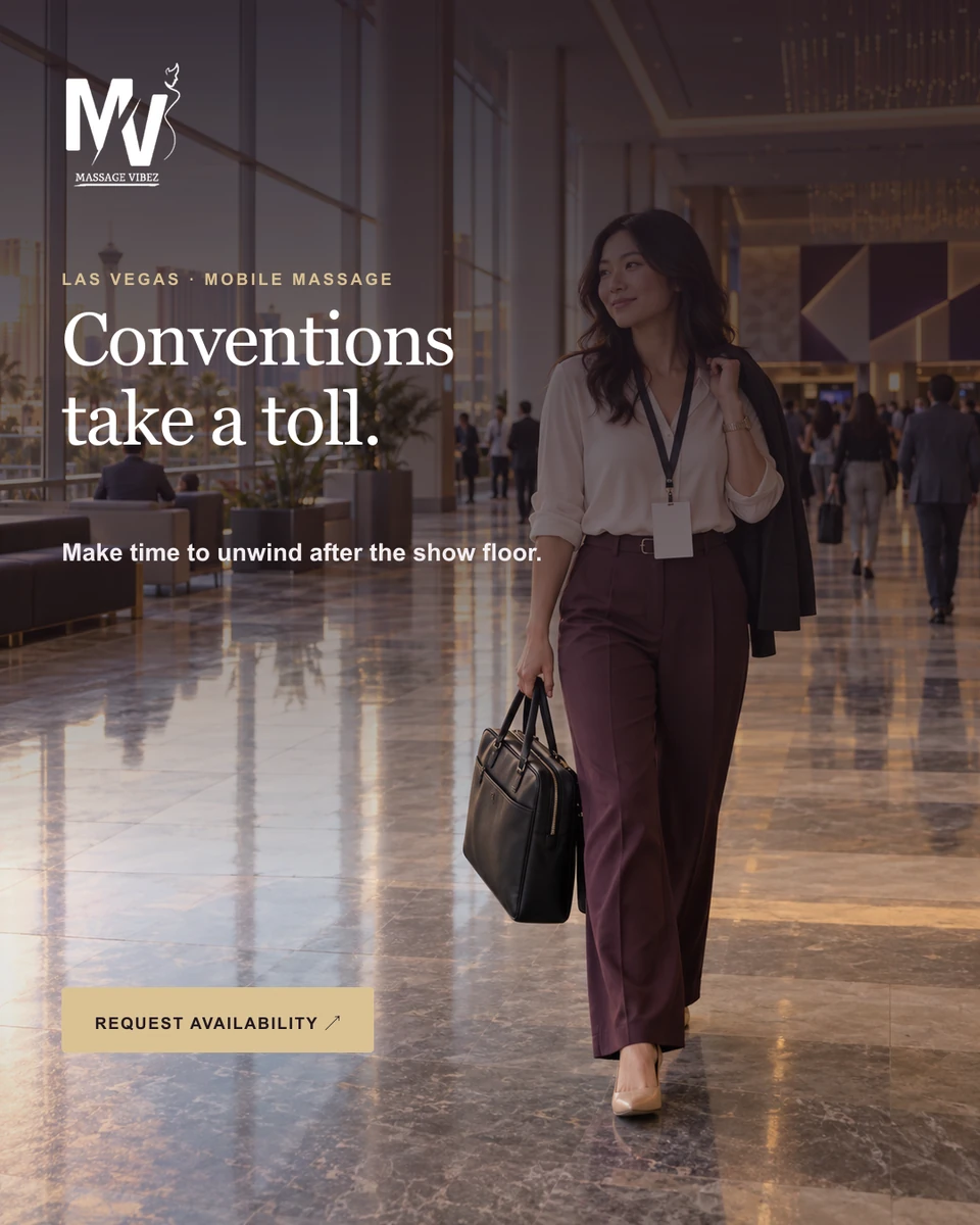 Portrait version of the Massage Vibez convention campaign with a serif headline and restrained gold action button.
