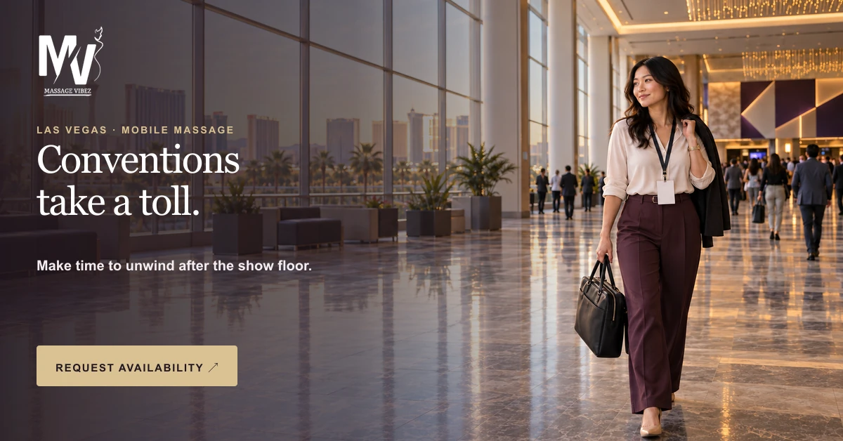 Wide Massage Vibez convention-recovery advertisement with text on the left and a woman in a convention setting on the right.