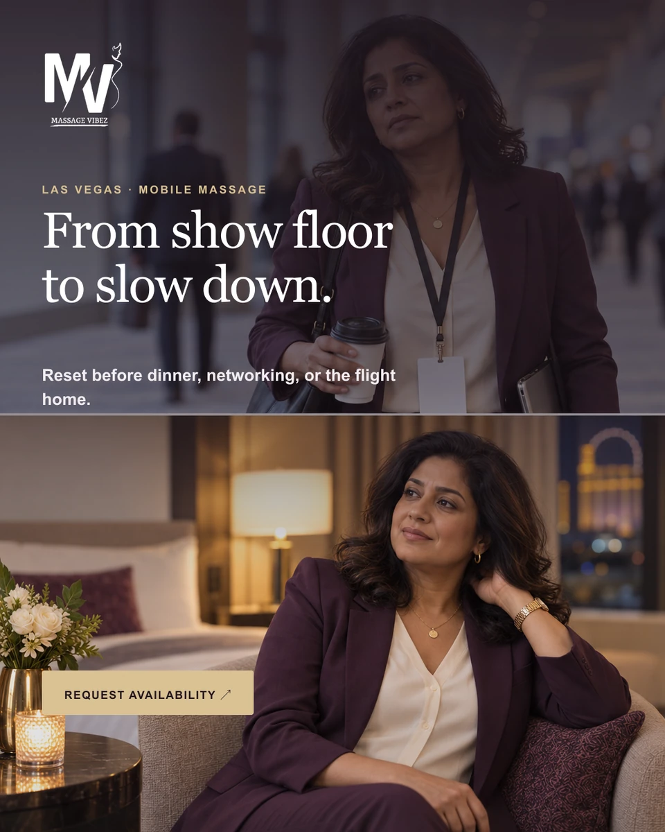 Massage Vibez editorial graphic contrasting a convention setting with a relaxed hotel-room moment.