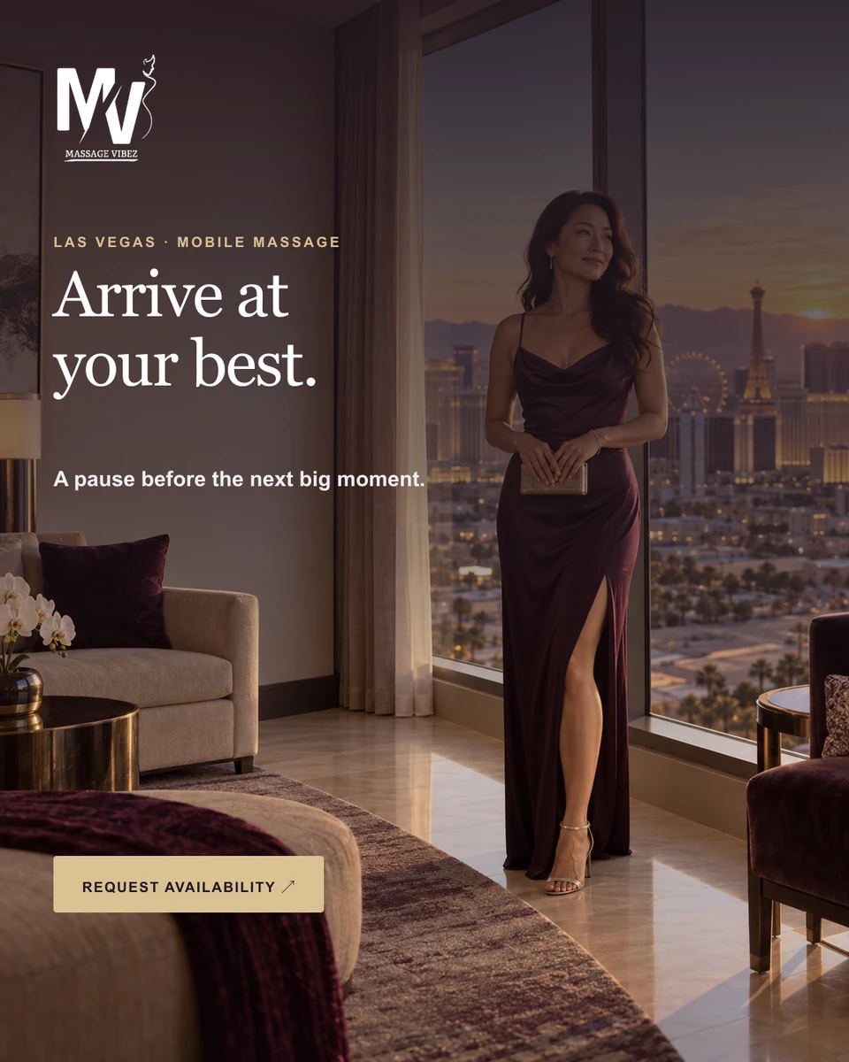 Massage Vibez graphic with a dusk hotel scene, warm gold details, and the headline Arrive at your best.