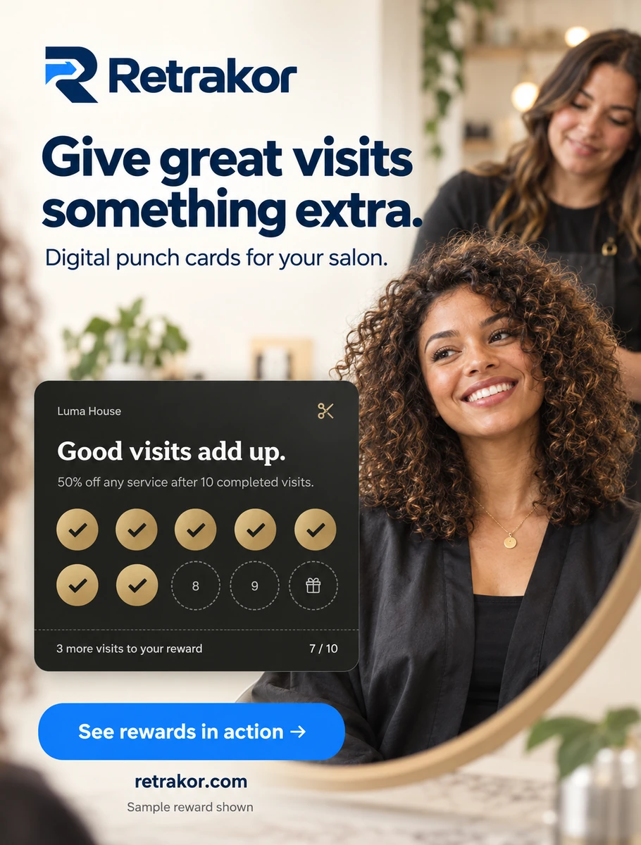 Retrakor digital loyalty graphic showing a salon customer, reward card, and blue call to action.