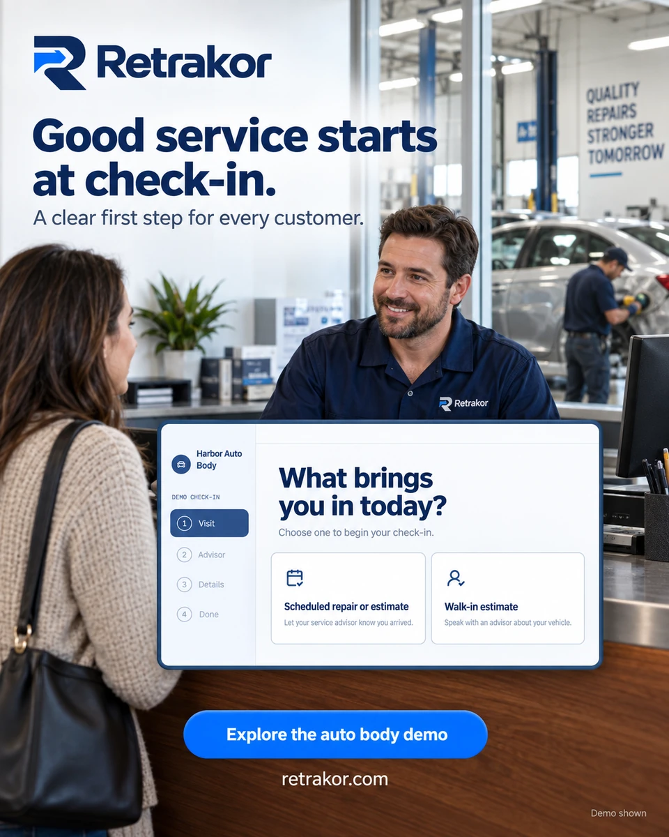 Retrakor automotive check-in graphic with a service desk, customer, blue headline, and interface card.