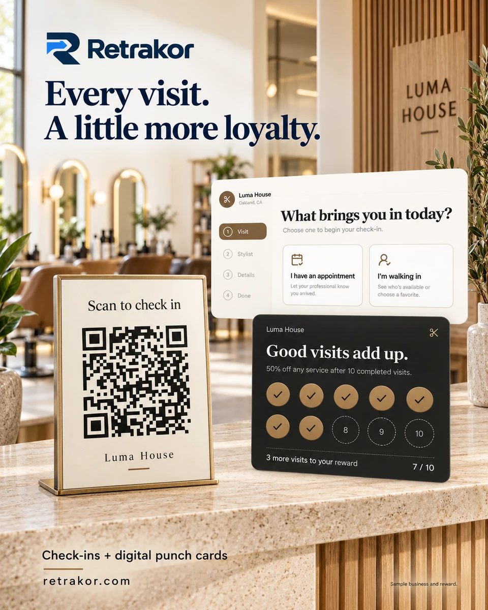 Retrakor salon counter concept showing a QR sign, check-in interface, and loyalty card in a warm reception setting.