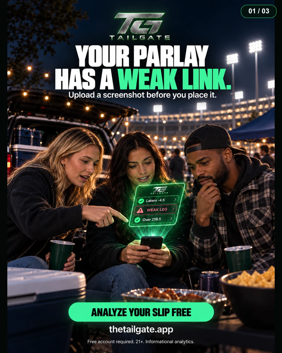 Tailgate campaign artwork using electric-green accents, bold condensed typography, and a group gathered around a phone.