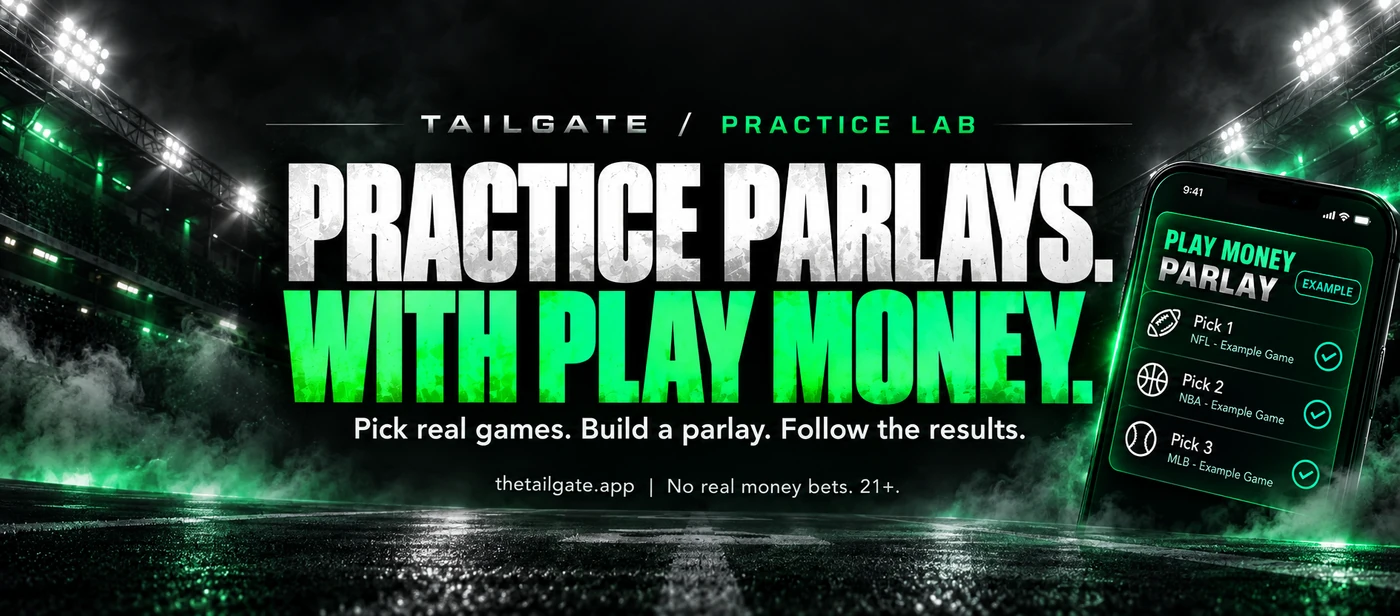 Existing Tailgate play-money campaign banner with a stadium background, condensed white and green typography, and phone imagery.
