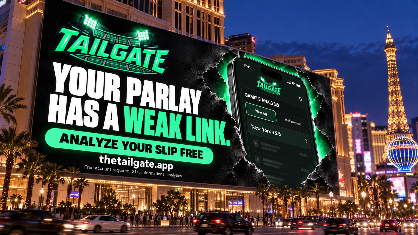 Illustrative Tailgate billboard design placed in a Las Vegas night scene, showing how the campaign might read at large scale.