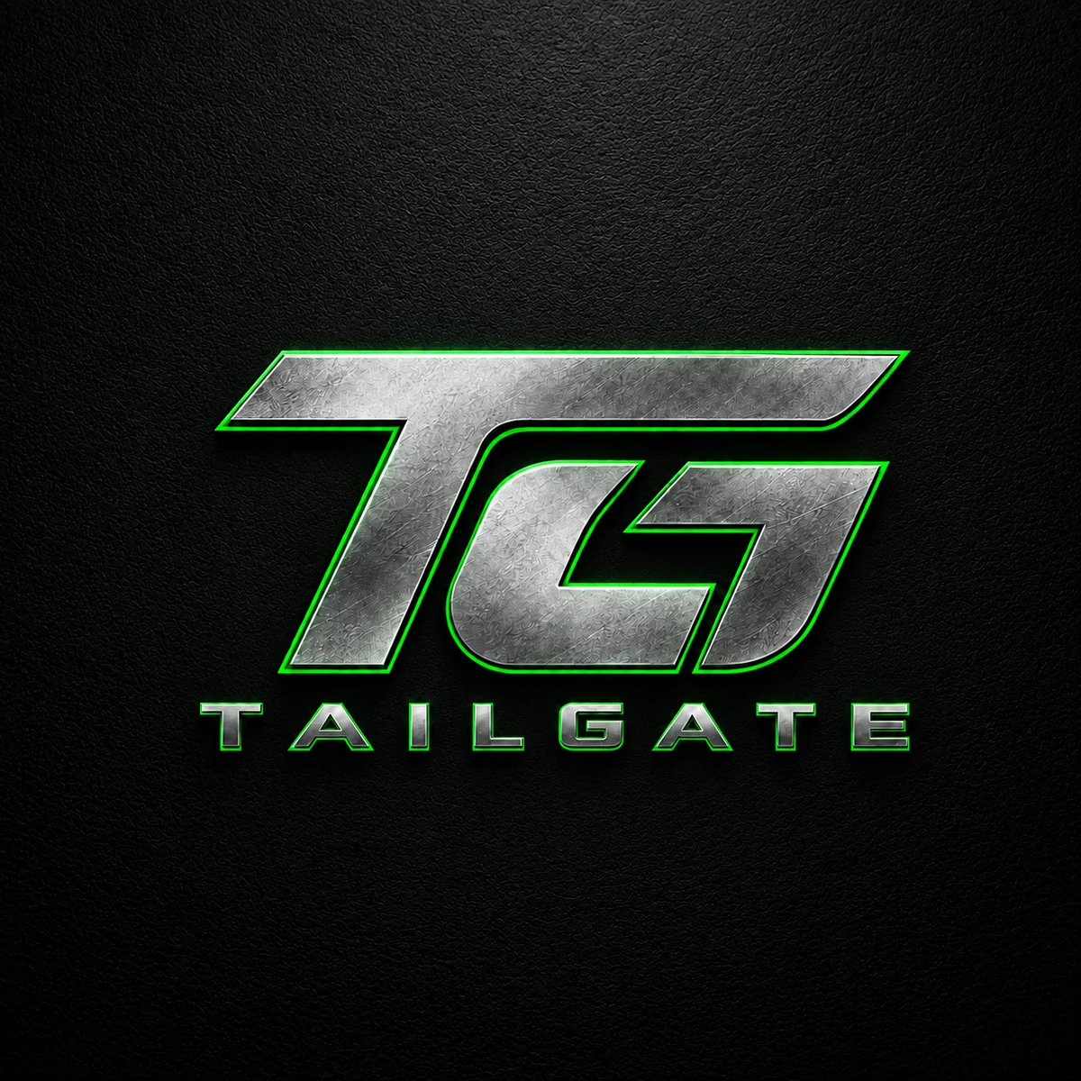 Metallic green TG monogram and Tailgate wordmark on a dark textured square.