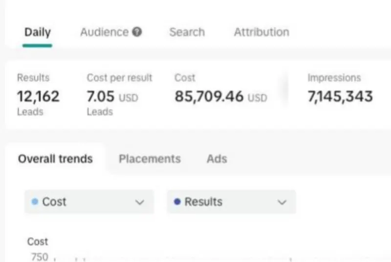 TikTok Ads dashboard from a documented Blueprint Media campaign optimization case study