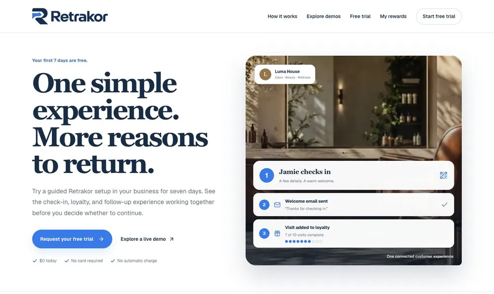 Retrakor homepage explaining its customer check-in and loyalty product