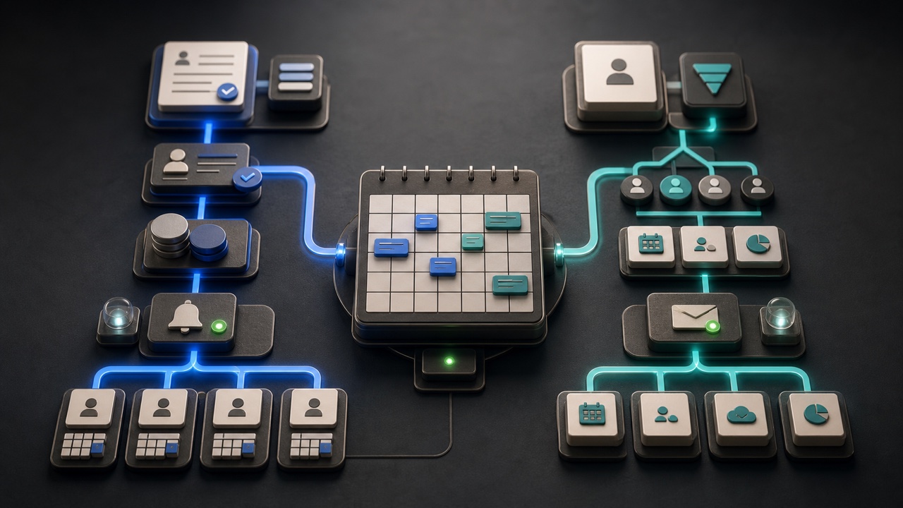 Two balanced scheduling workflows connecting service appointments and business meetings to one organized calendar.