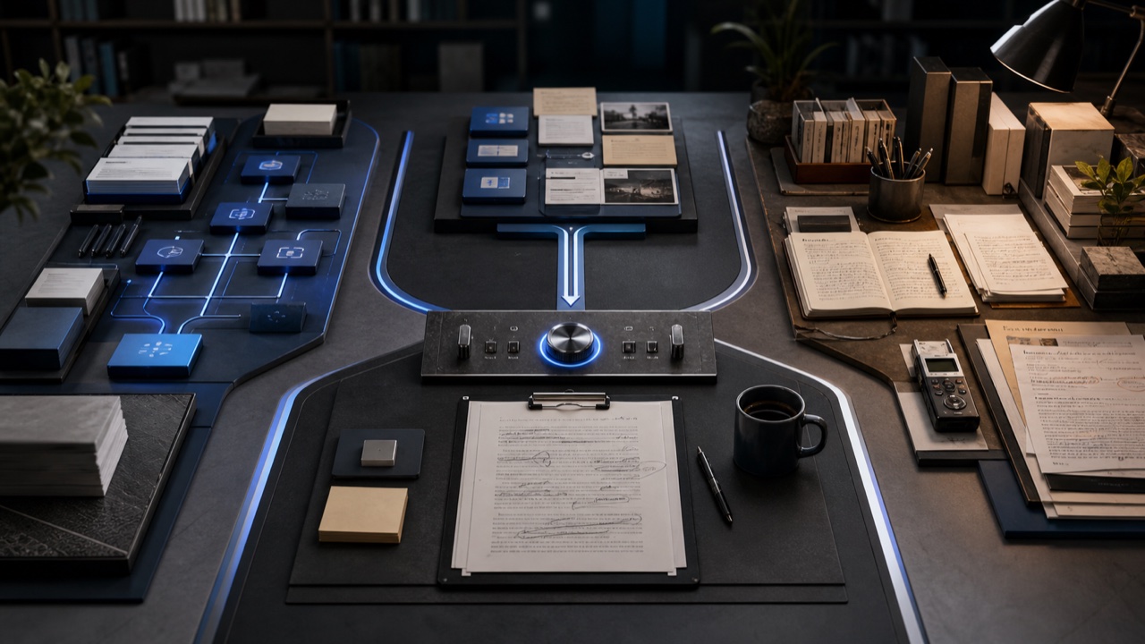 An automated content workflow and a human research desk converging at one editorial review station.