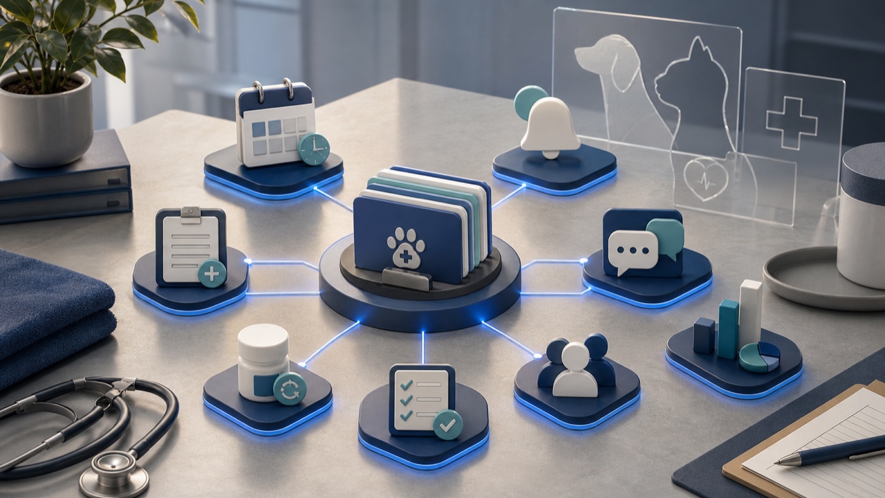 A veterinary practice record hub connected to booking, reminders, messaging, refills, follow up, and reporting.