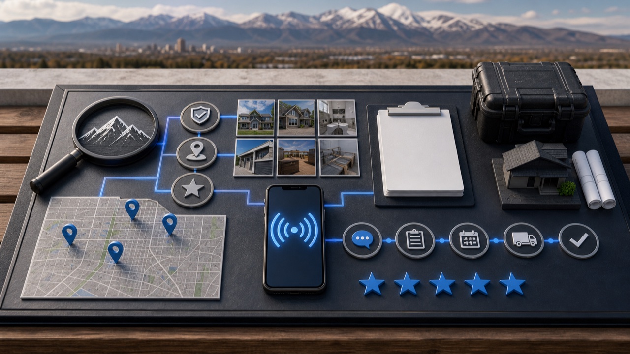 A Denver contractor operations board connecting license proof, a local map, project photos, reviews, lead capture, and follow up.