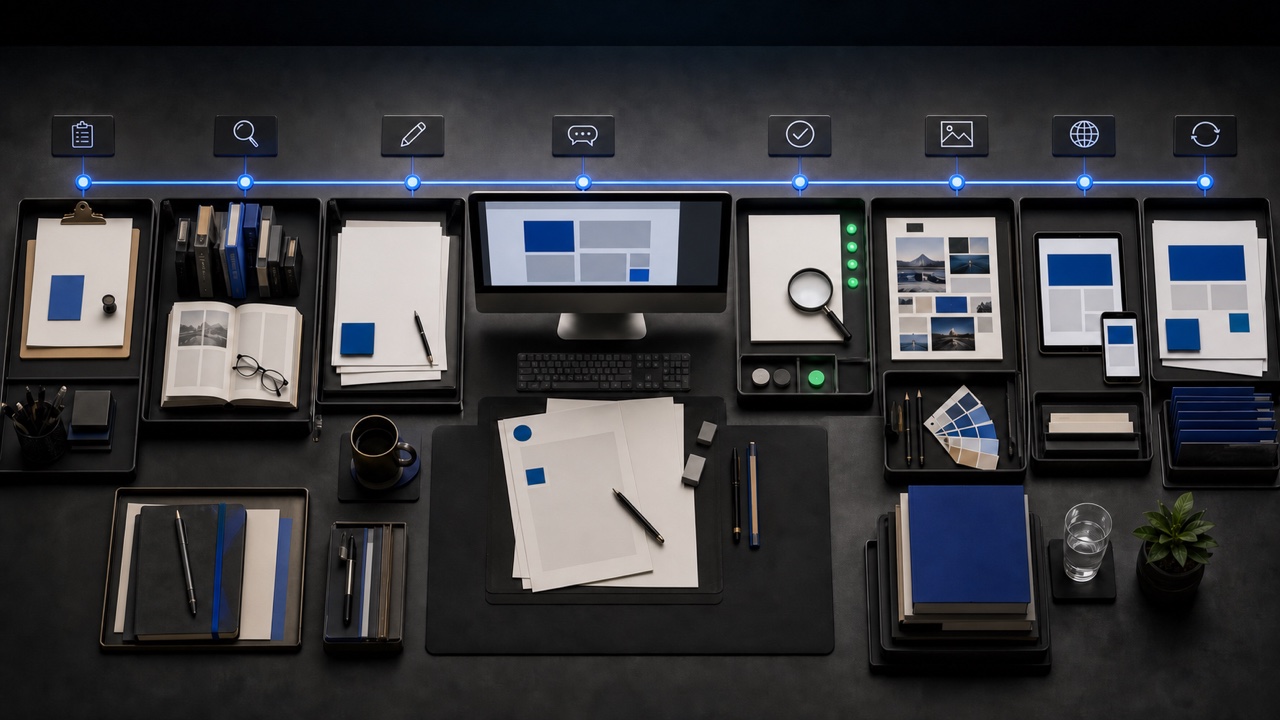 An editorial production desk connecting a brief, research, drafting, verification, visual work, publishing, and maintenance.