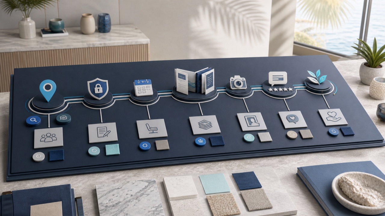 A med spa patient journey board connecting local discovery, privacy review, consultation, approved proof, reviews, and follow up.