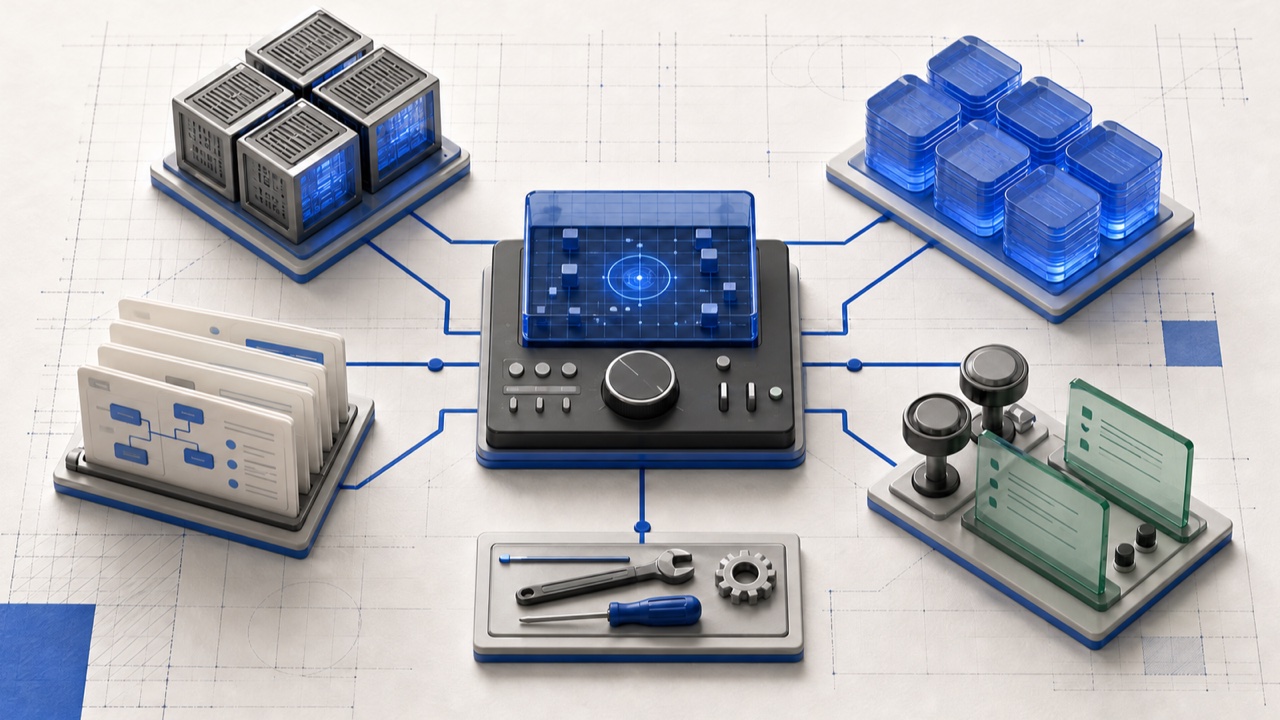 An AI operations console connected to infrastructure, storage, workflow, review and maintenance components.