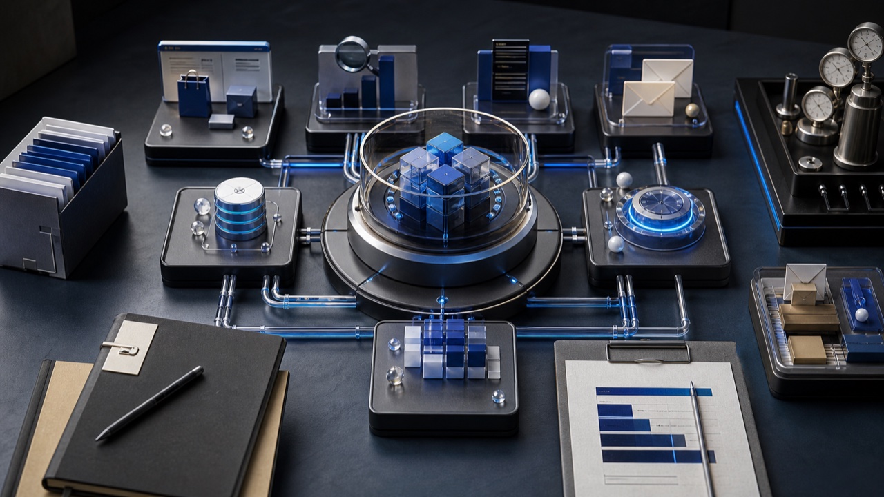 A DTC operations table connecting demand, acquisition, owned channels, search, data, AI workflows, fulfillment, retention, and measurement.