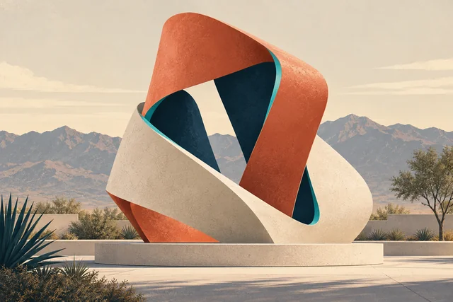 Original AI-generated concept illustration of a folded coral and sandstone sculpture with a teal edge in a desert plaza.