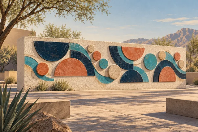 Original AI-generated Echo Wall concept: curved navy, coral, and teal ceramic relief on pale stucco.