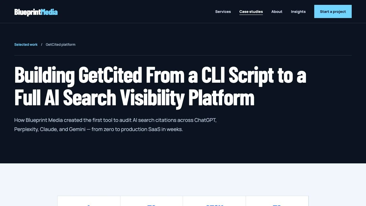 Published Blueprint Media GetCited case study describing an audit dashboard and structured reporting workflow.