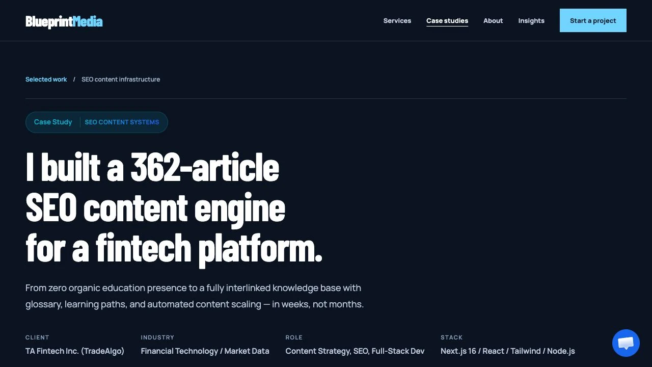 Published Blueprint Media case study documenting the TradeAlgo education platform and illustration system.