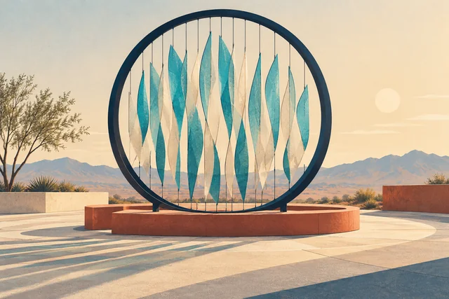 Fictional Sky Loom sculpture: teal glass fins suspended in a navy circular frame.
