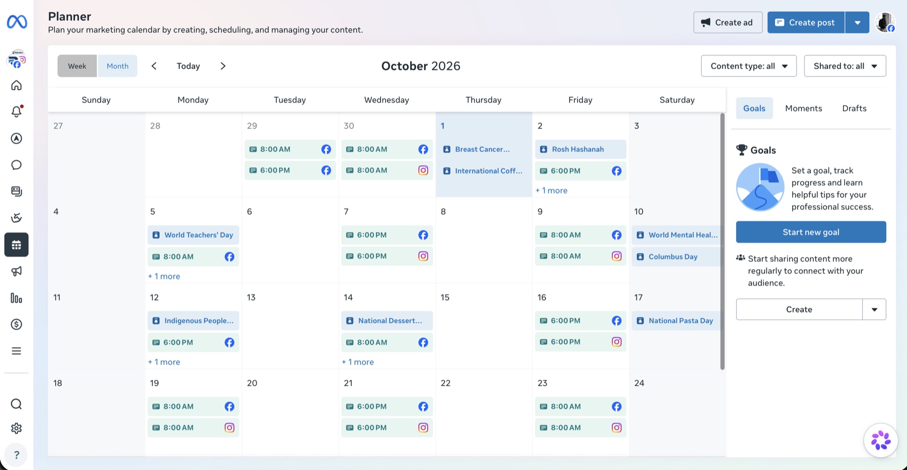A complete month of Facebook and Instagram posts scheduled in Meta Business Suite